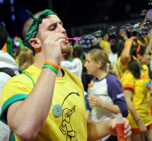 Jon Linn, a THON moraler, plays with a bubble wand early Saturday morning, at Penn State's Bryce Jordan Center, during THON 2009. Photo by Robby Corrado