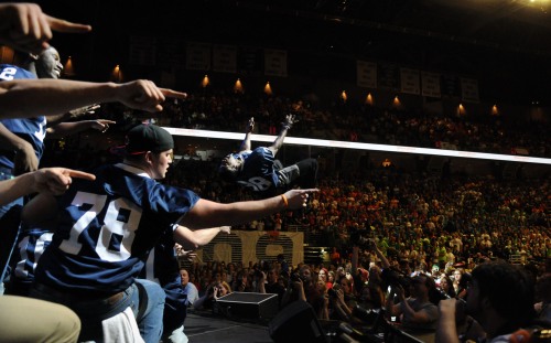 Members of the Penn State football team perform, Saturday, during the Thon 2009 pep rally.